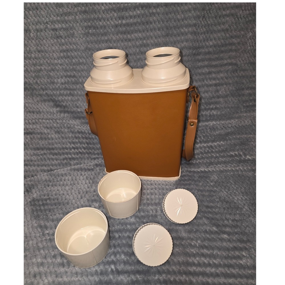 Vintage‎ Universal Double Thermos Canteen Brown Leatherette Strap Cups Made USA